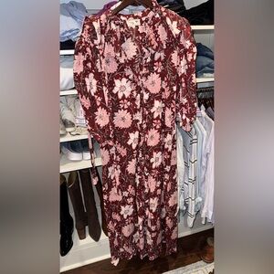 Chic Long Sleeve Floral Dress in Burgundy and Pink
